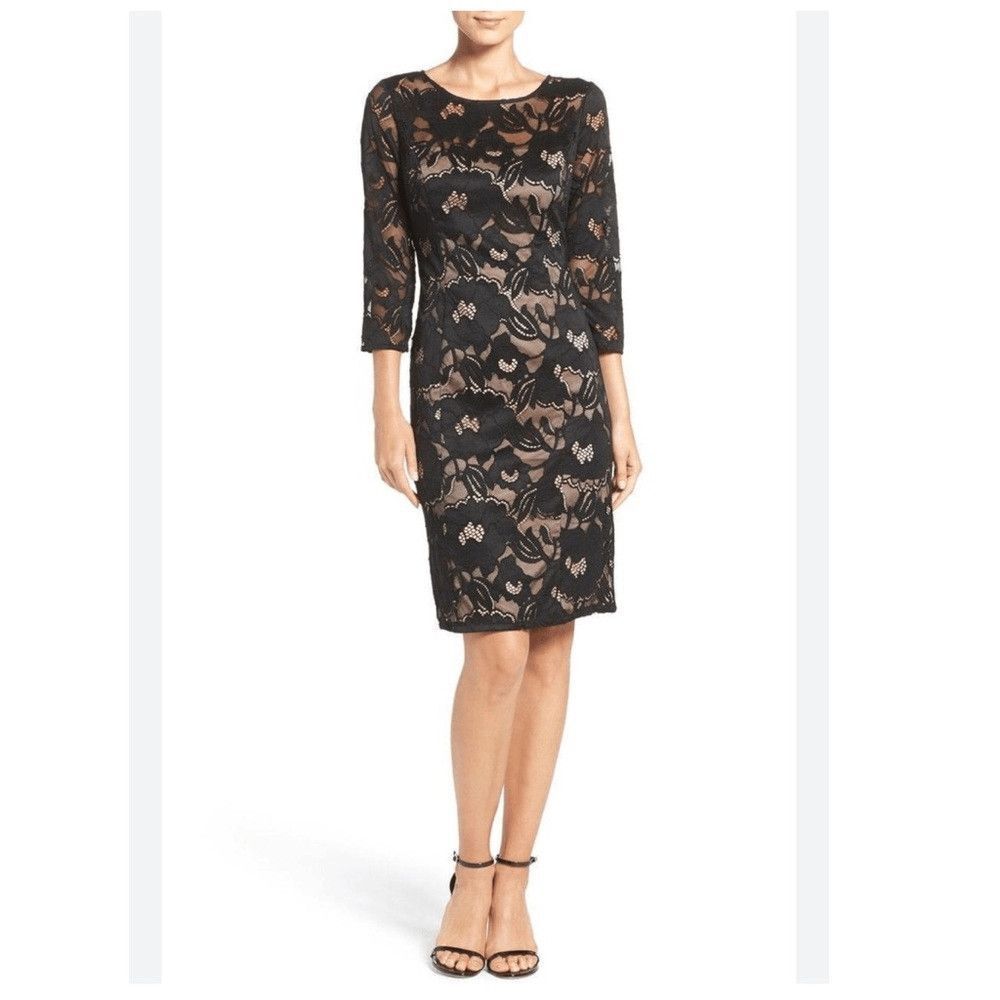 Adrianna Papell Floral Lace Illusion Sheath Mini Dress in Black & Nude Size 6P
